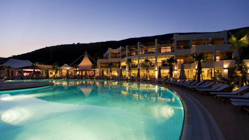 Latanya Bodrum Beach Resort, Turkey, hotel, pool, twilight, light, sunbed, travel, vacation, booking, resort, reflection (horizontal)