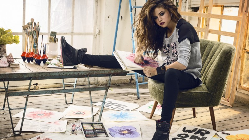 Selena Gomez, Selena Marie Gomez, actress, TV star, singer, composer, songwriter, Artists, Music, brunette, sitting, shoes (horizontal)