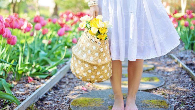 tulips, girl, flowers, 5k (horizontal)