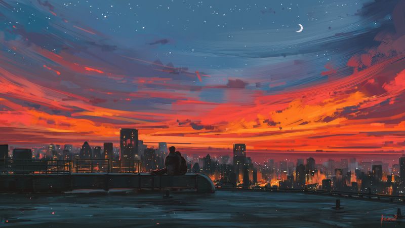 love image, couple, art, sunset, HD (horizontal)