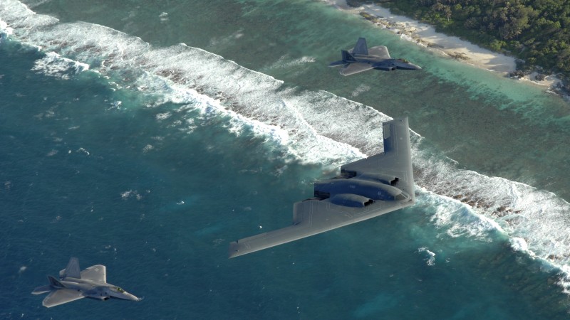 F-22, fighter, Raptor, Lockheed, B-2, Spirit, stealth bomber, sea (horizontal)