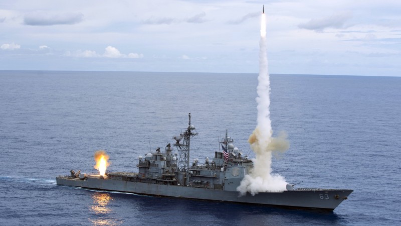 USS Cowpens, cruiser, CG-63, Ticonderoga-class, horn, firing, U.S. Navy, USA (horizontal)