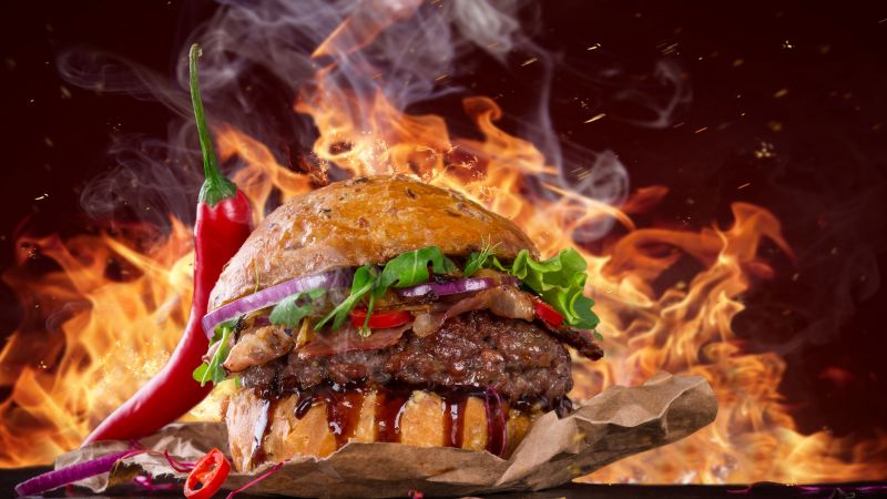 burger, steak, fire, fast food, pepper, 5k (horizontal)