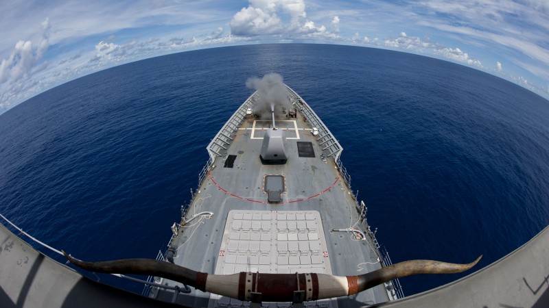 USS Cowpens, cruiser, CG-63, Ticonderoga-class, horn, firing, U.S. Navy, USA (horizontal)