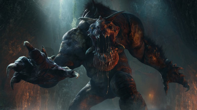 Middle-earth: Shadow of Mordor, 4k, HD wallpaper, The Lord of the Hunt, game, creature, monster, mouth, teeth, claws, cave, screenshot, 4k, 5k, PC, 2015 (horizontal)