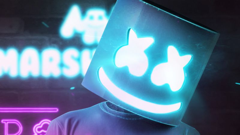 DJ Marshmello, dj, neon, 4K (horizontal)
