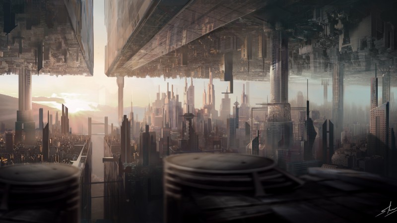matte painting, art, city, urban, futuristic, sci-fi, sunset (horizontal)