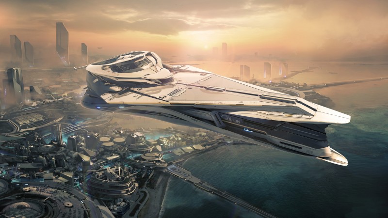 Star Citizen, 5k, 4k wallpaper, matte painting, art, space ship, yacht, city, urban, futuristic, sunset (horizontal)