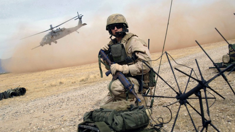 U.S. Air Force, soldier, assault rifle, rescue mission, helicopter landing (horizontal)