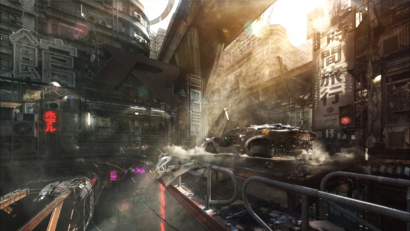 futuristic, 5k, 4k wallpaper, 8k, city, car, hover car, smoke, megapolis, art, future (horizontal)