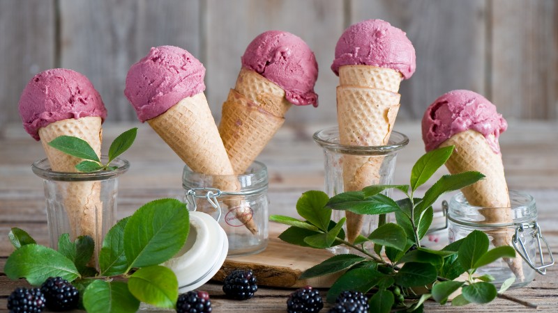 ice cream, blackberry, leaves, food, fruit, summer. (horizontal)