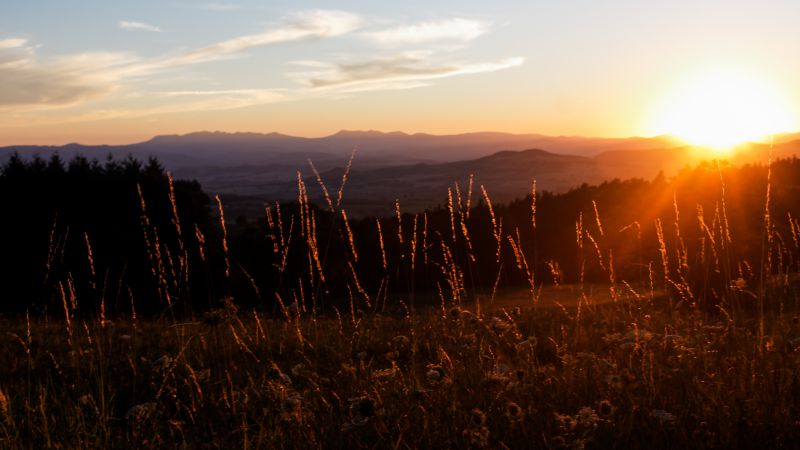 Auvergne, 5k, 4k wallpaper, France, mountains, sunset, meadows (horizontal)