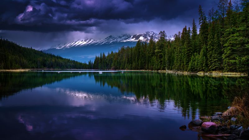 Mountains, 5k, 4k wallpaper, river, pines, trees, clouds (horizontal)