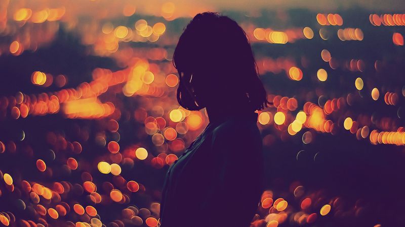 girl, moon, book, red, dress, night (horizontal)