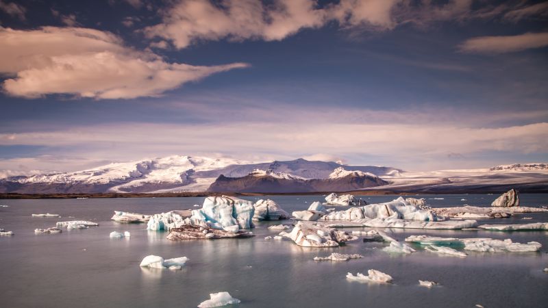 Jökulsárlón Lagoon, 4k, 5k wallpaper, 8k, Iceland, mountains, ice, sky (horizontal)