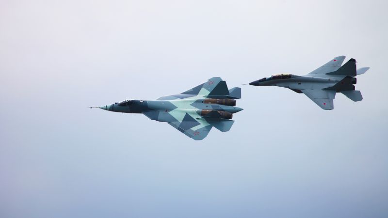 Sukhoi T-50, Mig-29m2, Russian army, red star, fighter aircraft, air force (horizontal)