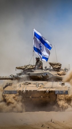 Merkava Mark IV, tank, flag, Israel Army, Israel Defense Forces, desert (vertical)
