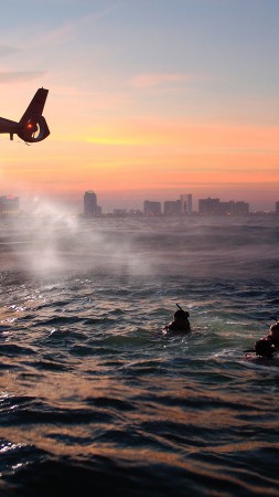 coast guard, rescue, MEDEVAC, rescue helicopter, training, sea, night (vertical)
