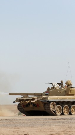 T-72B3, tank, second-generation, firing, desert (vertical)
