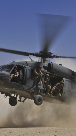 MH-60G, Sikorsky, HH-60G, Pave Hawk, combat search, rescue helicopter, MEDEVAC, USA Army, landing, dust (vertical)