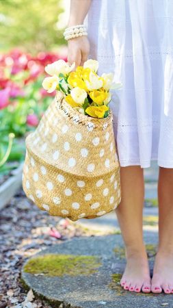 tulips, girl, flowers, 5k (vertical)
