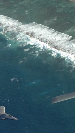 F-22, fighter, Raptor, Lockheed, B-2, Spirit, stealth bomber, sea (vertical)