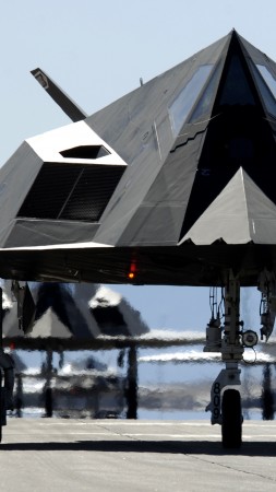 Nighthawk, Lockheed, F-117, stealth, attack aircraft, U.S. Air Force, stealth technology, runway (vertical)