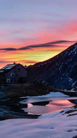 mountains, snow, sunrise, 5k (vertical)