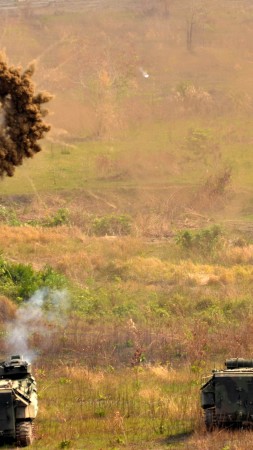 AAV, U.S. Marine, amtrack, assault amphibious vehicle, LVTP-7, U.S. Army, smoke grenade, firing (vertical)