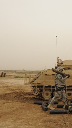M113, Bradley, armored personnel carrier, soldier, APC, ACAV, M113A3, U.S. Army, firing (vertical)