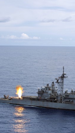 USS Cowpens, cruiser, CG-63, Ticonderoga-class, horn, firing, U.S. Navy, USA (vertical)
