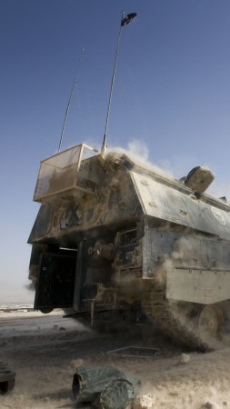 PzH 2000, howitzer, Panzerhaubitze, artillery, Bundeswehr, firing, dust (vertical)