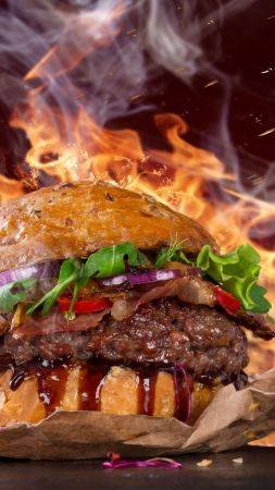 burger, steak, fire, fast food, pepper, 5k (vertical)