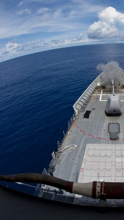 USS Cowpens, cruiser, CG-63, Ticonderoga-class, horn, firing, U.S. Navy, USA (vertical)