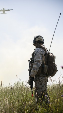 soldier, camo, aircraft, weapon, field, sky, greens, peace (vertical)