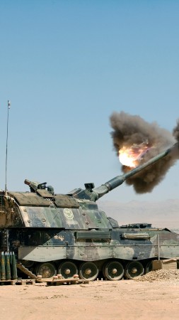 PzH 2000, howitzer, Panzerhaubitze, artillery, Bundeswehr, firing, desert (vertical)