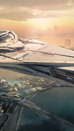 Star Citizen, 5k, 4k wallpaper, matte painting, art, space ship, yacht, city, urban, futuristic, sunset (vertical)