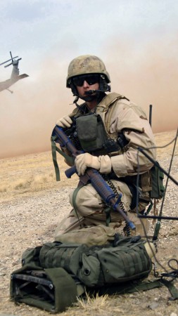 U.S. Air Force, soldier, assault rifle, rescue mission, helicopter landing (vertical)