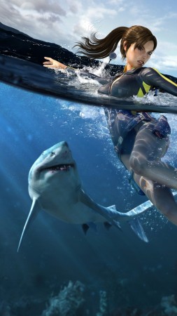 Lara Croft, Tomb Raider, shark, underwater, hunting, action, Illustration, yaht (vertical)