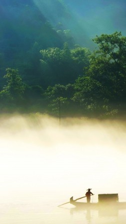 River, 5k, 4k wallpaper, sunlight, trees, boat, fog (vertical)