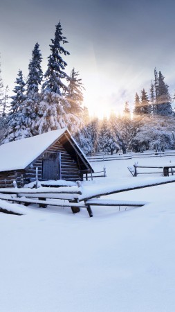 winter forest, 5k, 4k wallpaper, 8k, mountain, sun, snow, fir-trees, village, house,  (vertical)