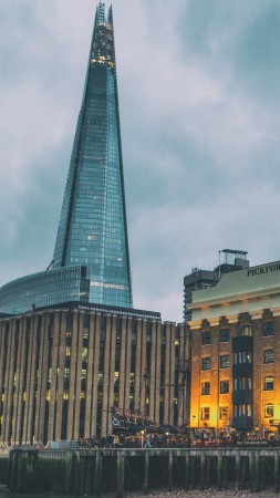 Thames, London, Pickfords Wharf, The Shard skyscraper, sky (vertical)