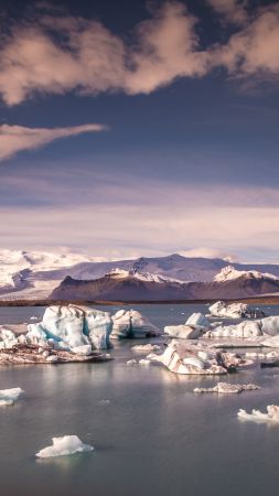 Jökulsárlón Lagoon, 4k, 5k wallpaper, 8k, Iceland, mountains, ice, sky (vertical)