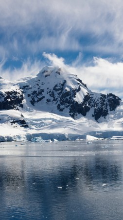 Sea, 5k, 4k wallpaper, Ocean, Snow, Island, clouds, sky, water, winter (vertical)