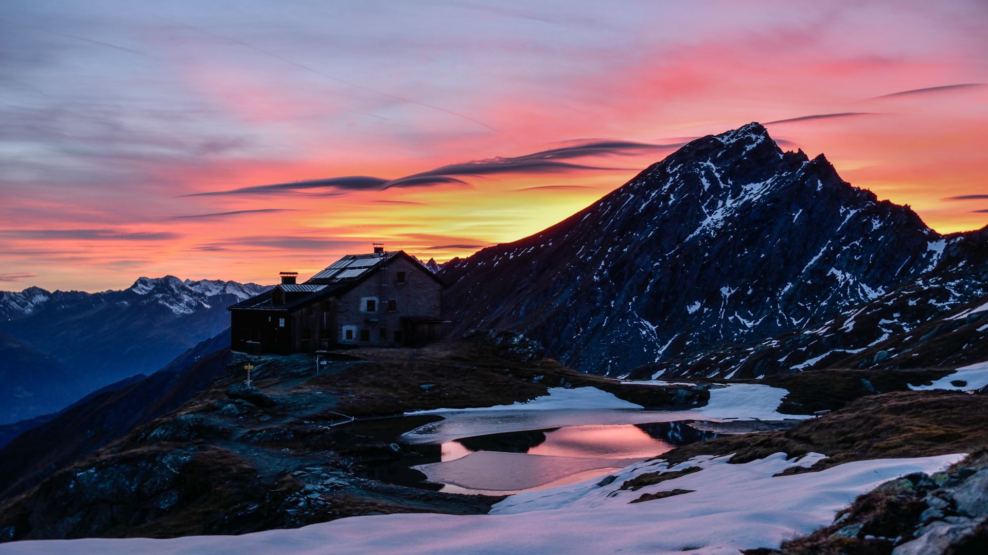 mountains, snow, sunrise, 5k (horizontal)